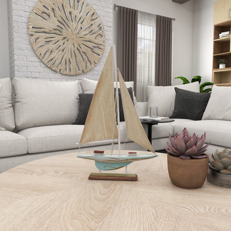 Blue Wood Distressed Sail Boat Decorative Sculpture with Cream Linen Sails and Brown Accents