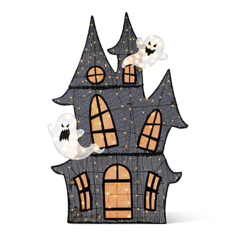 Glitzhome 5ft Pre-lit Halloween 2D Haunted House Outdoor Decor with 210 Warm White LED Lights