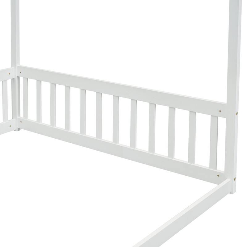 Full Size Wood Canopy Bed with Guardrails,Floor Bed For Kids