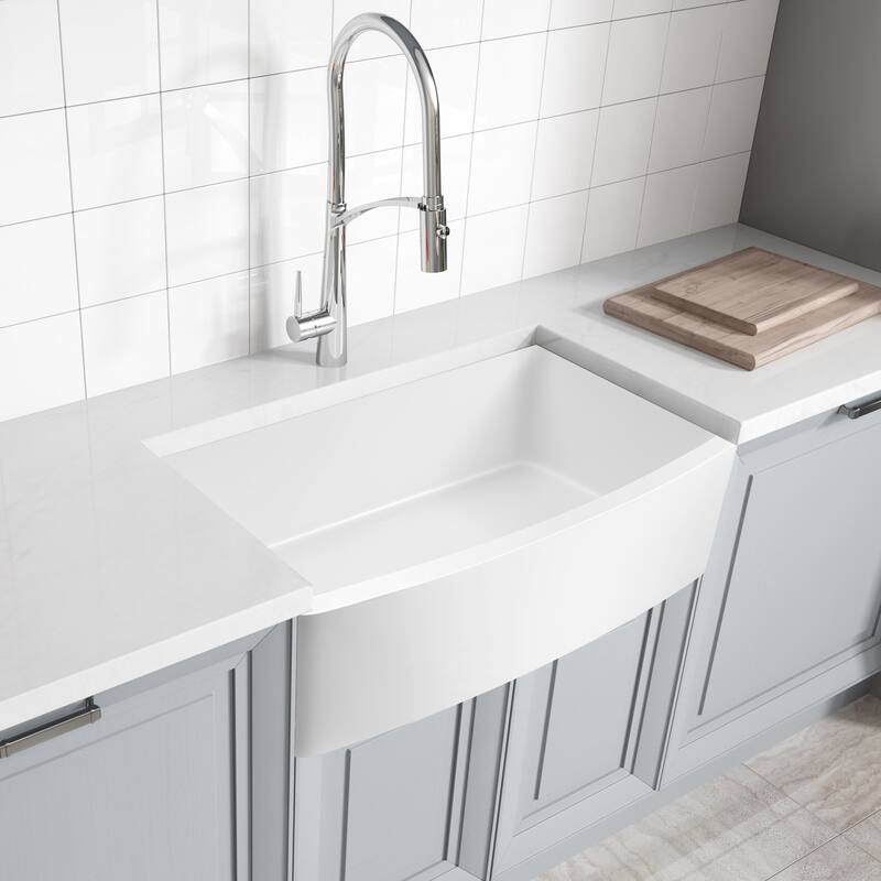 ANZZI Mesa Matte White Solid Surface Farmhouse 33 in. Single Bowl Kitchen Sink with Strainer