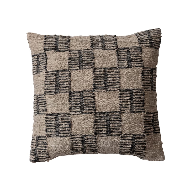 Hand-Woven Fabric Indoor/Outdoor Pillow with Checkered Pattern - 20.0"L x 20.0"W x 1.0"H - Brown
