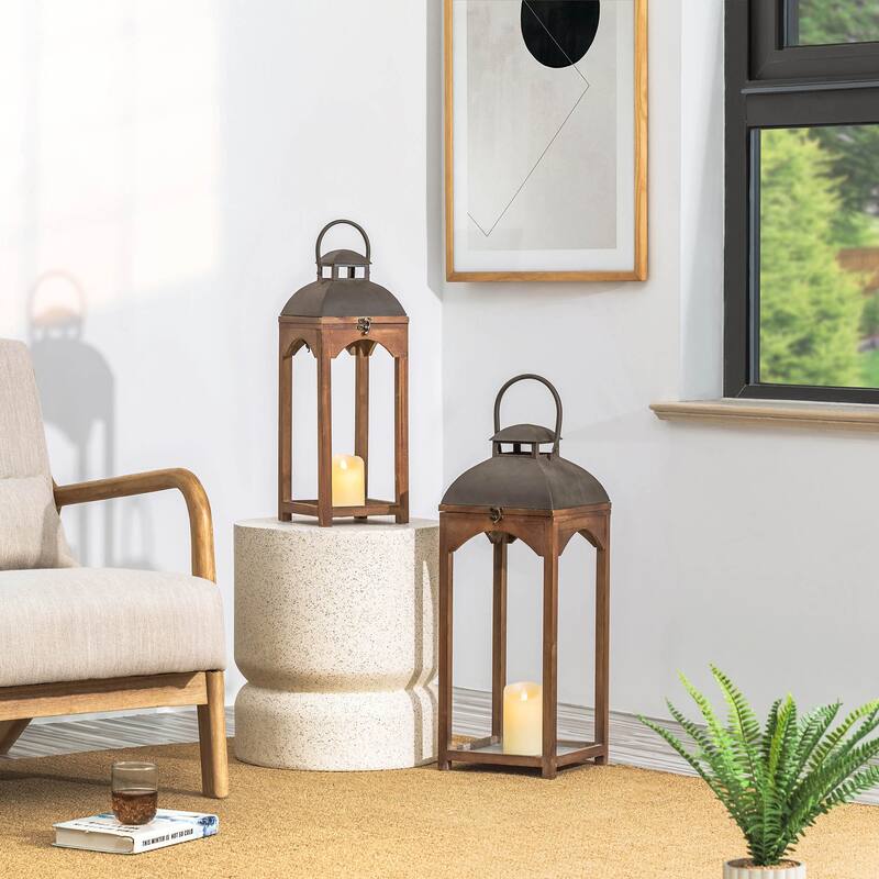 Glitzhome Set of 2 Farmhouse Church Style Hanging Candle Holders Wooden Lanterns Fall Wedding Decor
