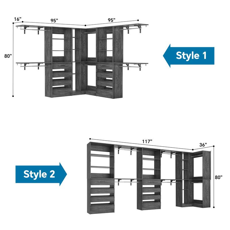 Set of 3 Closet Organizer with 10 Hanging Rods, Adjustable 132'' Corner Closet System with Tower Shelves