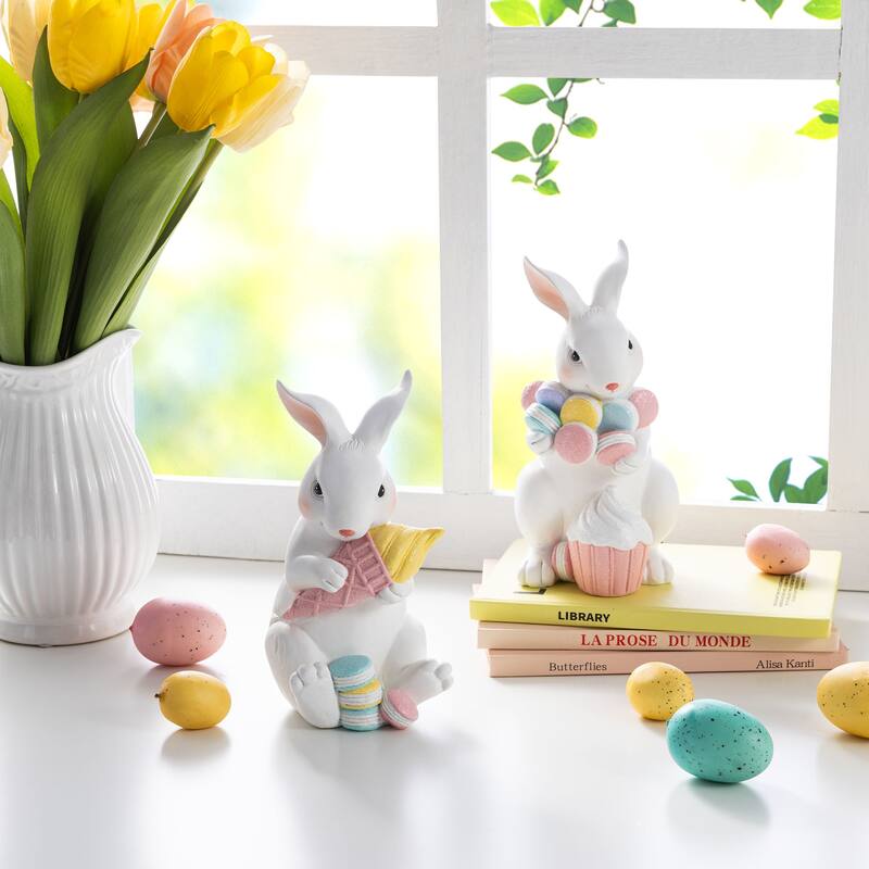 Glitzhome Easter Resin Bunny Holding Macaron Table Decor Stacked Rabbit Figurine