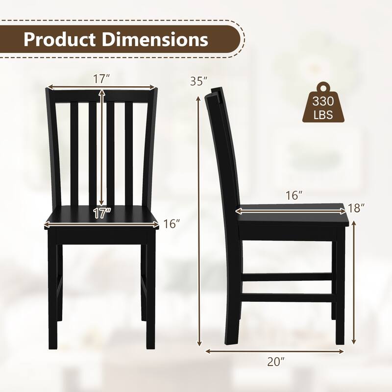 Set of 2 Wooden Dining Chairs with Slat Backrest and Solid Rubber Wood Frame Kitchen Chairs - 16" x 20" x 35"