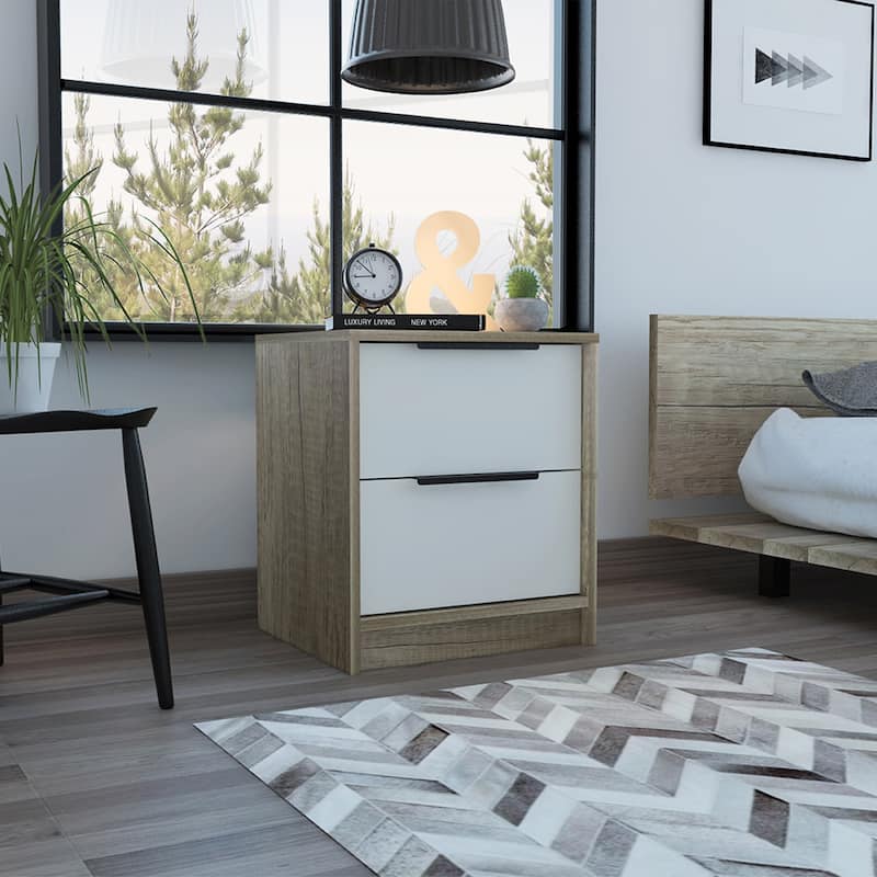 Light Brown Oak 2-Drawer Rectangular Nightstand with Metal Accents