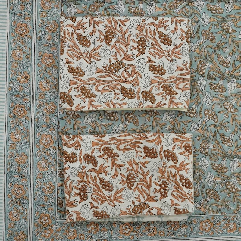 Fabdivine Cotton Hand Block Floral Flat Sheet Bed Room Home Décor Accent Gift