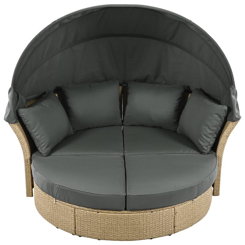 Outdoor Patio Daybed, Wicker Rattan Sofa Furniture Set w/ Retractable Canopy, for Lawn, Garden, Backyard or Pool