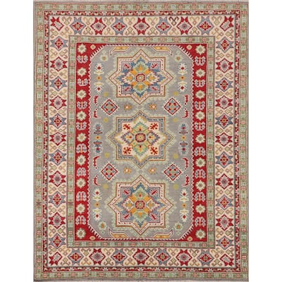 Gray Geometric Kazak Rug Hand-Knotted Oriental Wool Carpet - 5'1" x 6'9"