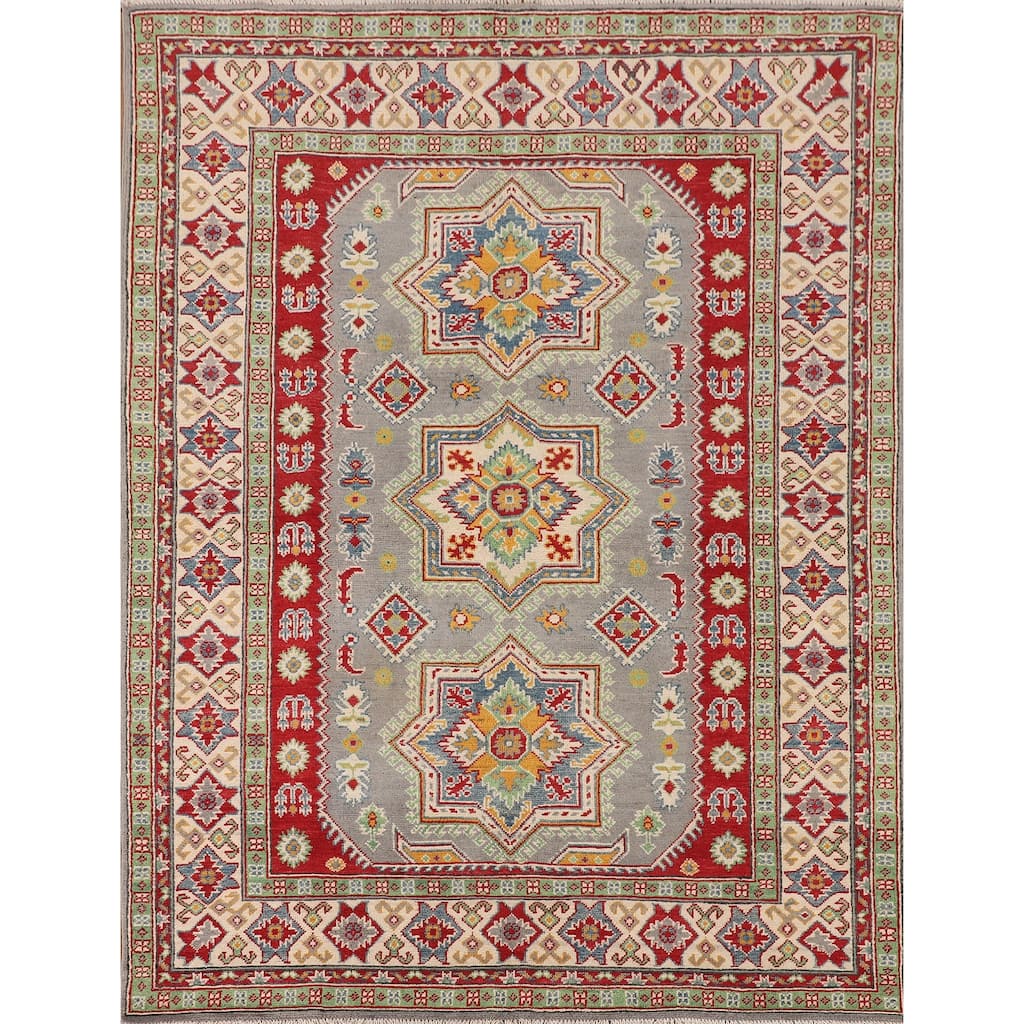 Gray Geometric Kazak Rug Hand-Knotted Oriental Wool Carpet - 5'1" x 6'9"