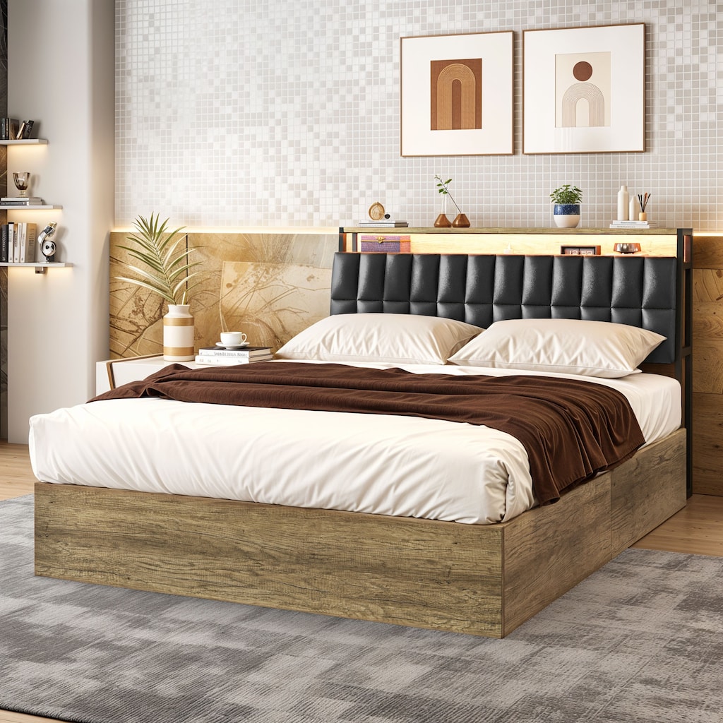 Moasis Lift-Up Storage Bed Frame with Charging Station & Storage Headboard