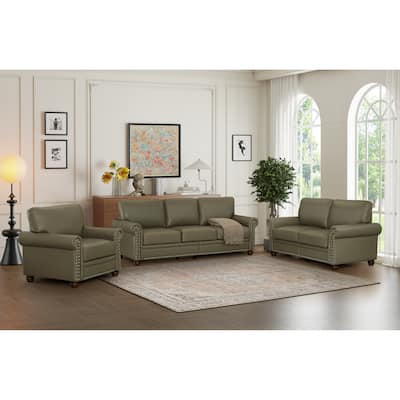 Living Room PU Sofa Set with Storage Sofa, 1+2+3 Sectional with Silver Nails and Solid Wood Legs