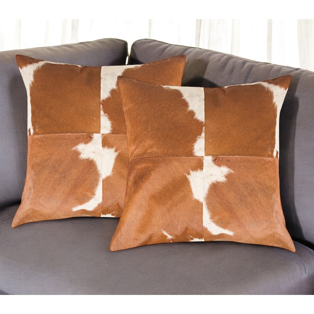 Set of Two 18" Brown and White Cowhide Cowhide Throw Pillows