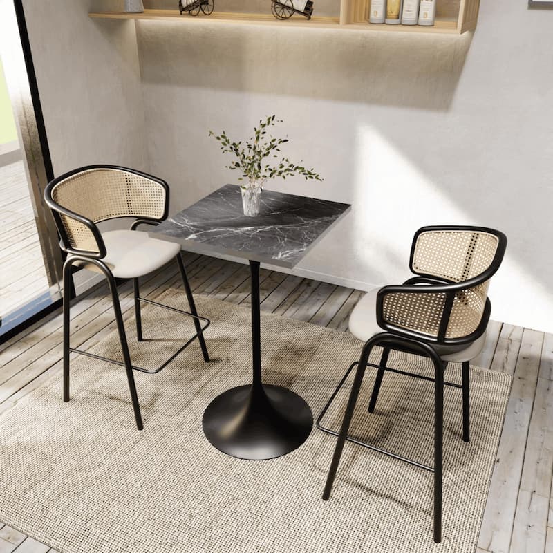 Verve 43 in. Tall Bar Height Dining Table Square MDF Wood Tabletop in White Stainless Steel Pedestal Base Accent Bar Table