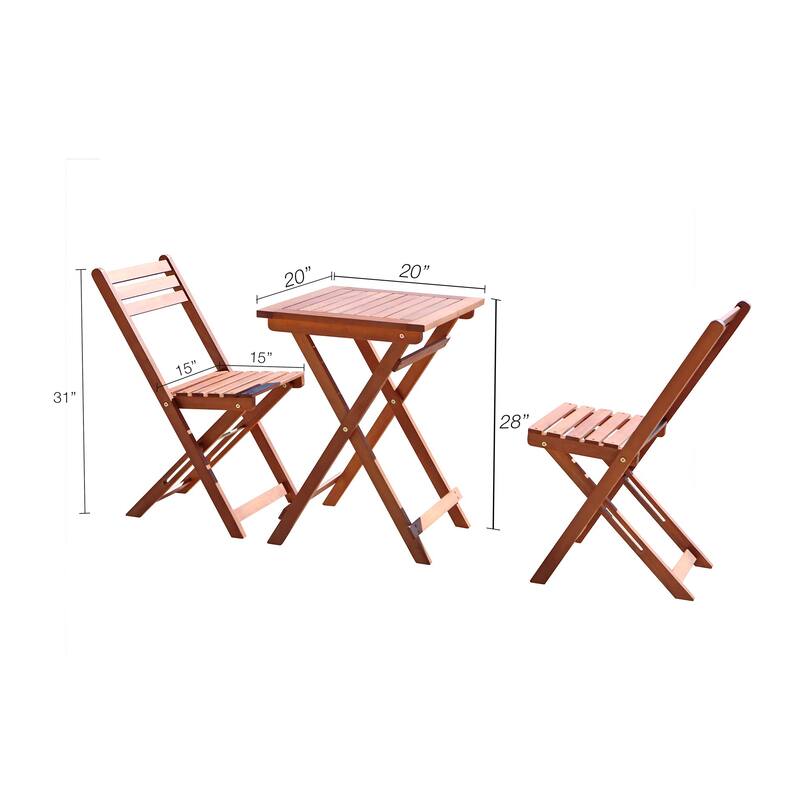 3 Piece Patio Folding Bistro Set Outdoor Eucalyptus Chair and Table Set for 2 People