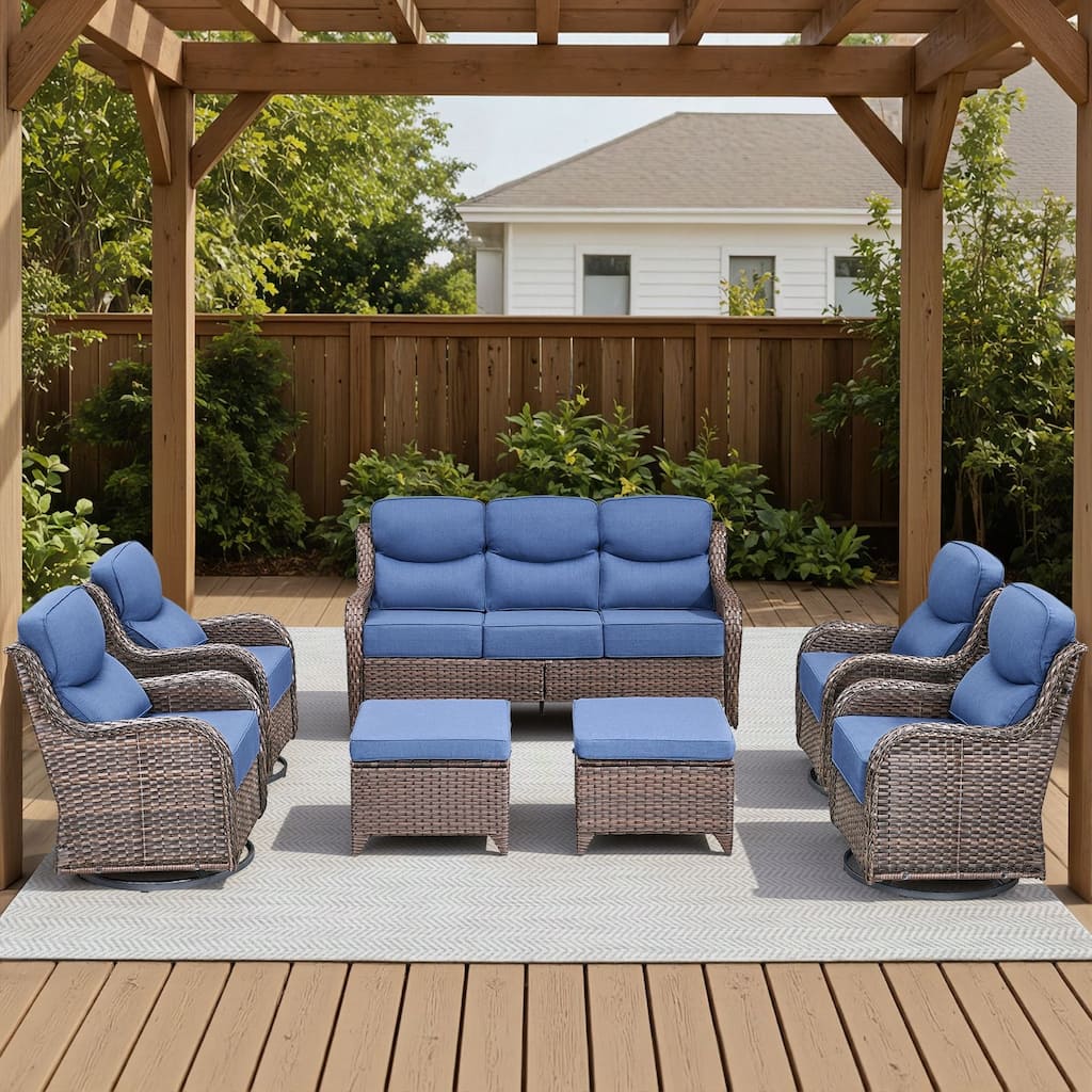 Arcadia 7-Piece Wicker Patio Conversation Set with Swivel Gliders and 6-Inch Thick Olefin Cushions