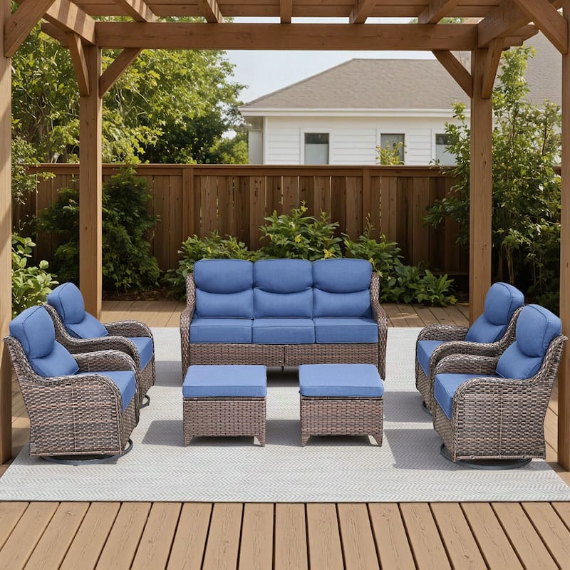 Arcadia 7-Piece Wicker Patio Conversation Set with Swivel Gliders and 6-Inch Thick Olefin Cushions - Navy Blue Cushions - Brown Wicker