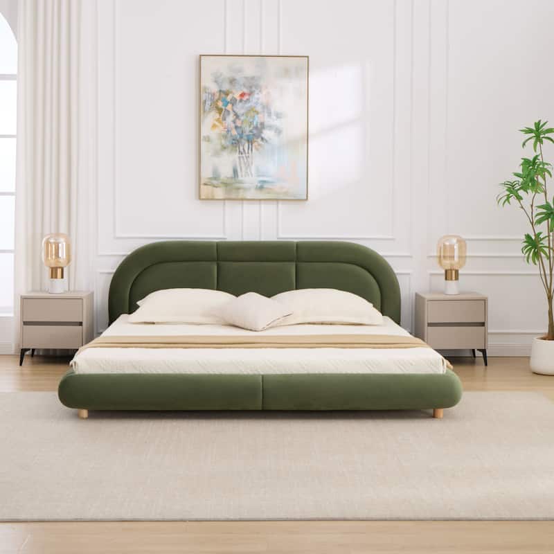 King Size Velvet Upholstered Platform Bed with Curved Headboard - Green - King