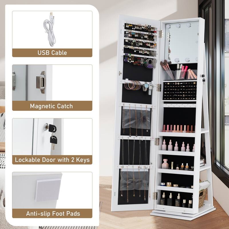360 Rotating Full Length Mirror Jewelry Cabinet with LED Lights and Ample Storage Shelves - 17" x 15" x 63"