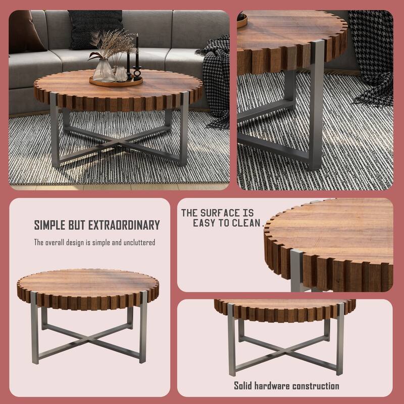 31.4"Circular Coffee Table, Modern Natural Wood Grain Handmade Drum Shaped Coffee Table, Wooden Felief Coffee Table