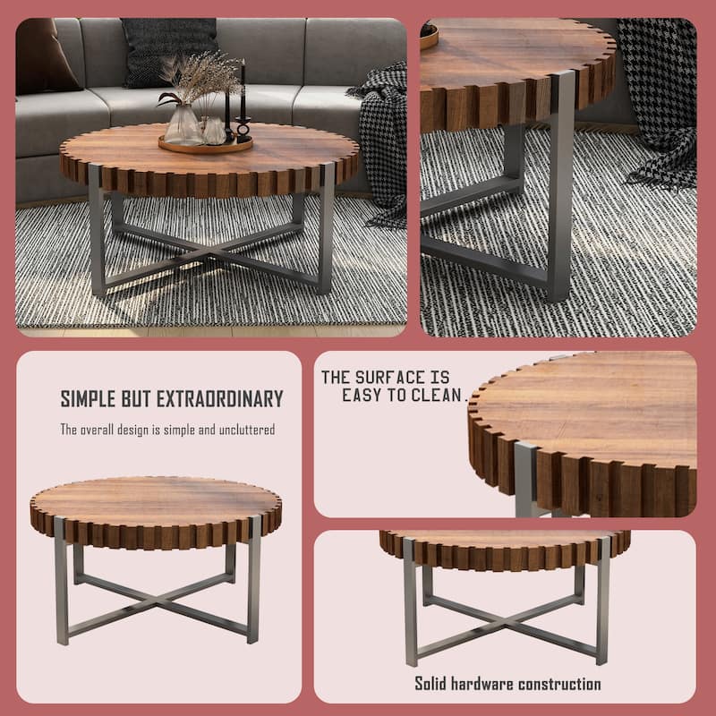 31.4-inch living room circular coffee table, modern natural wood grain handmade drum shaped coffee table