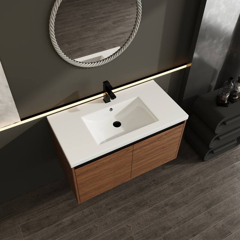 GDFStudio - Levistar Modern Wall-Mounted Bathroom Vanity Set with Scratch-Resistant Resin Sink & Soft Close Doors