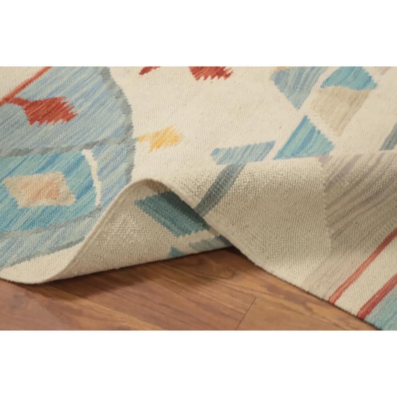 Hand Woven Oriental 100% Wool Carpet Southwestern Tribal Beige & Ivories Kilim Area Rug - 9' 11'' X 6' 7''