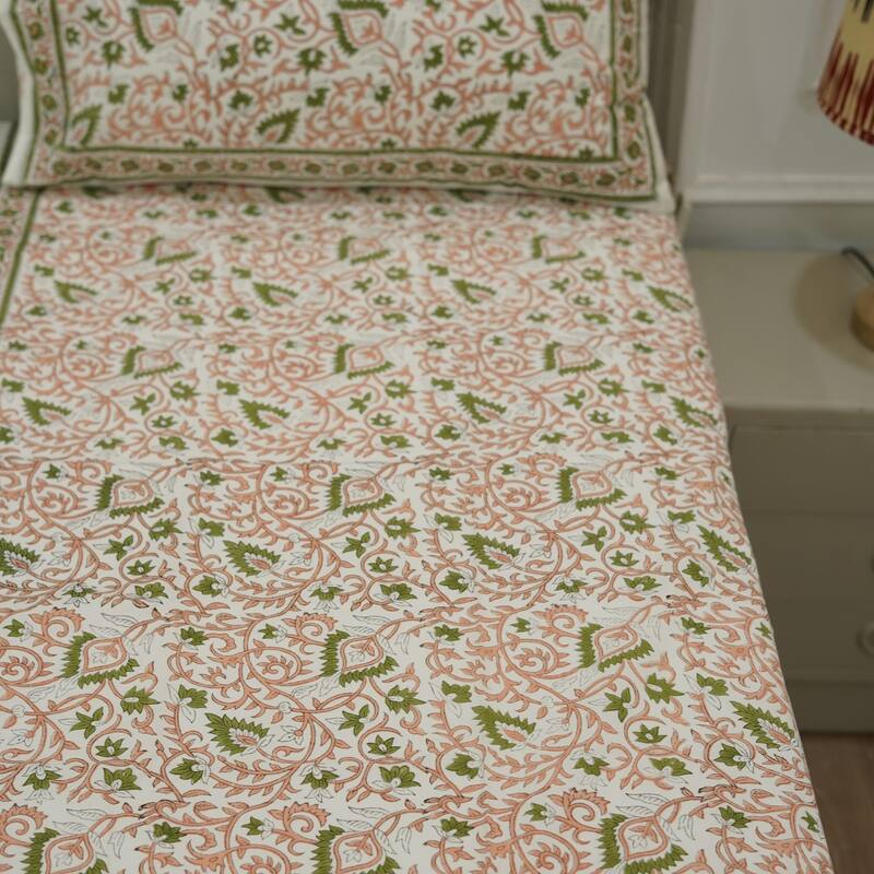 Fabdivine Handmade Block Print Flat Sheet or Bed Sheet Cotton Fabric Floral Home Decor