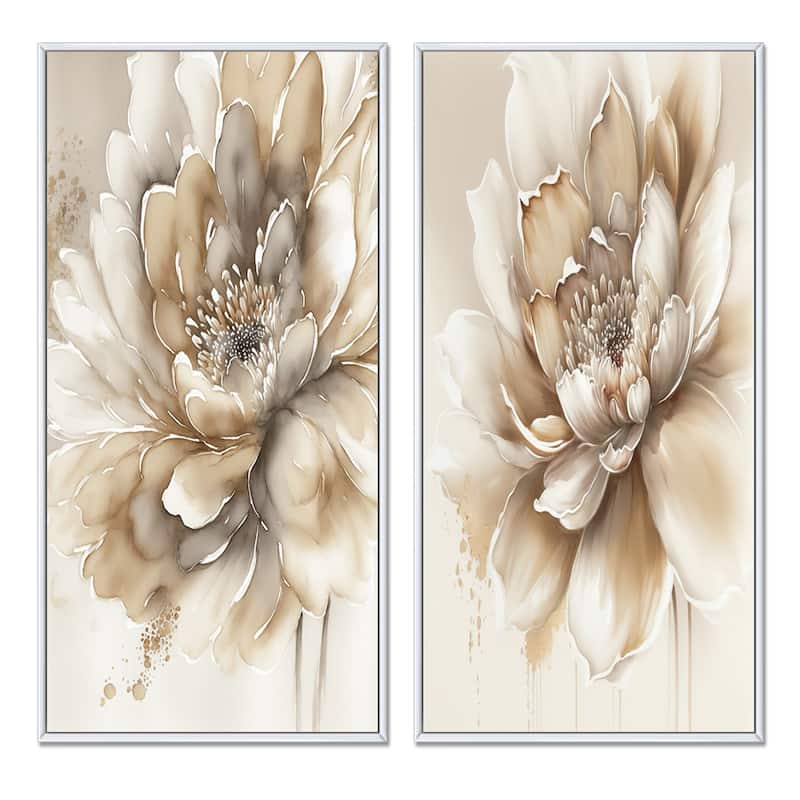 Designart "Single Beige Flower" Floral Framed Wall Art Set Of 2 - Beige Canvas Set For Living Room Decor