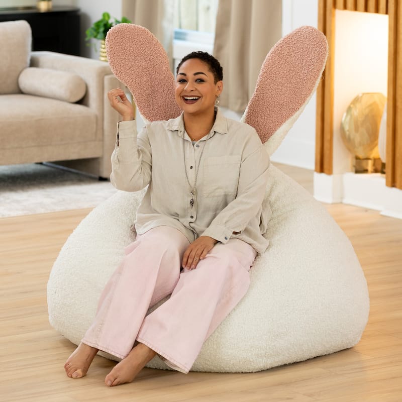 Raven-Symoné Home HopSeat Bunny - Oval Shaped Large Bean Bag Chair with Ears, Ultra Soft Shearling