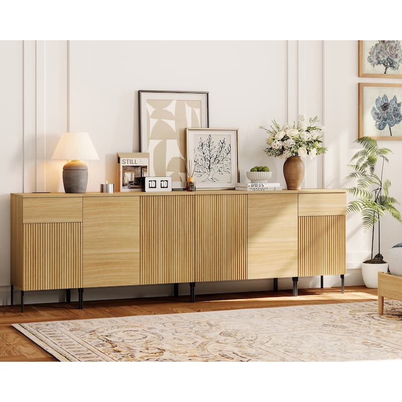 94.5" Modern Wood Reeded Dresser With Doors, Minimalist Dresser Organizer Storage With Charging Station