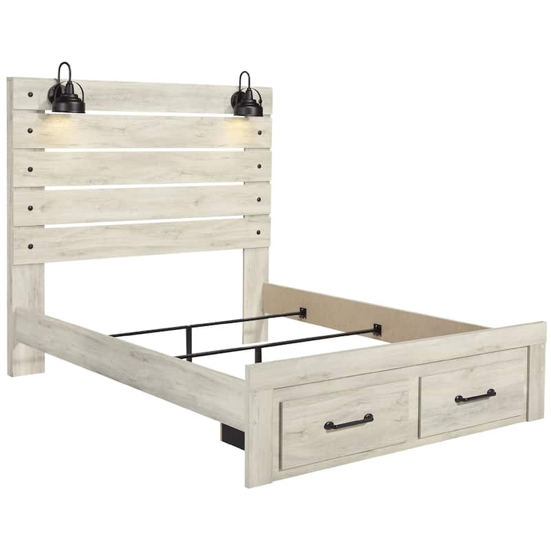 Cemy Queen Size Bed, 2 Footboard Drawers, 2 Sconce Lights, Whitewash