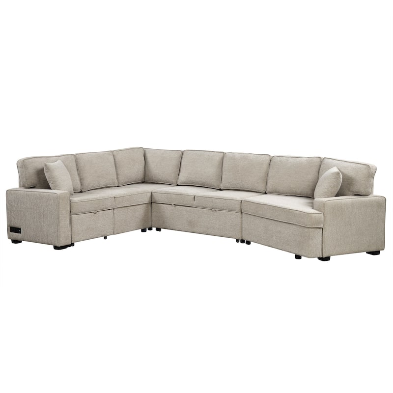Chenille L-shaped Sectional Sofa, Pull Out Sofa Bed Modern Living Room Sleeper Sofa with Cup Holders and Charging Ports