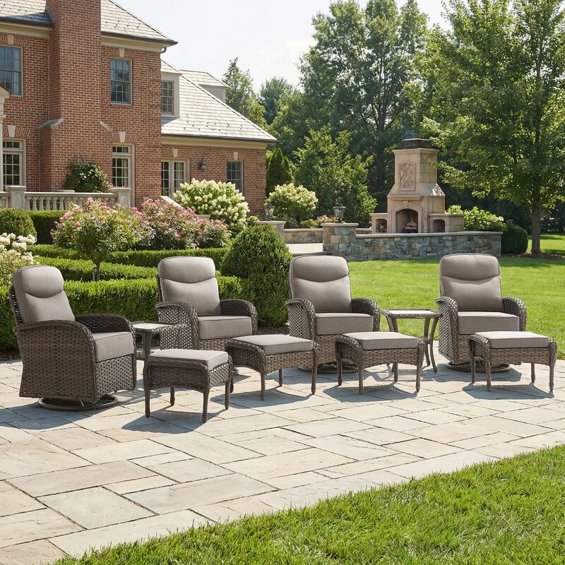 Pocassy Outdoor 10-Piece Swivel Chair Side Table with Ottoman - Brown Wicker Gray Cushion