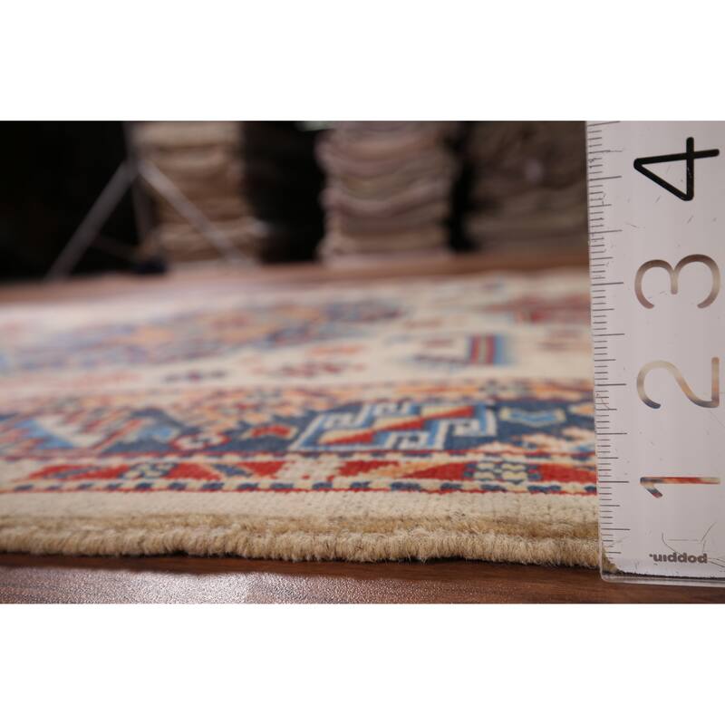 Geometric Beige / Ivory Kazak Accent Rug Hand-Knotted Wool Carpet - 4'0" x 6'1"