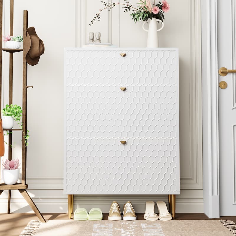 Wood 24 Pairs Shoe Storage Cabinet with 3 Flip Drawers - White