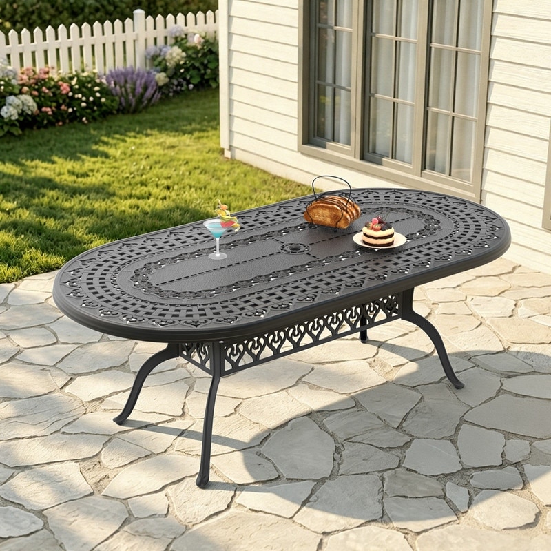 Black Cast Aluminum Outdoor Patio Oval Dining Table with Umbrella Hole