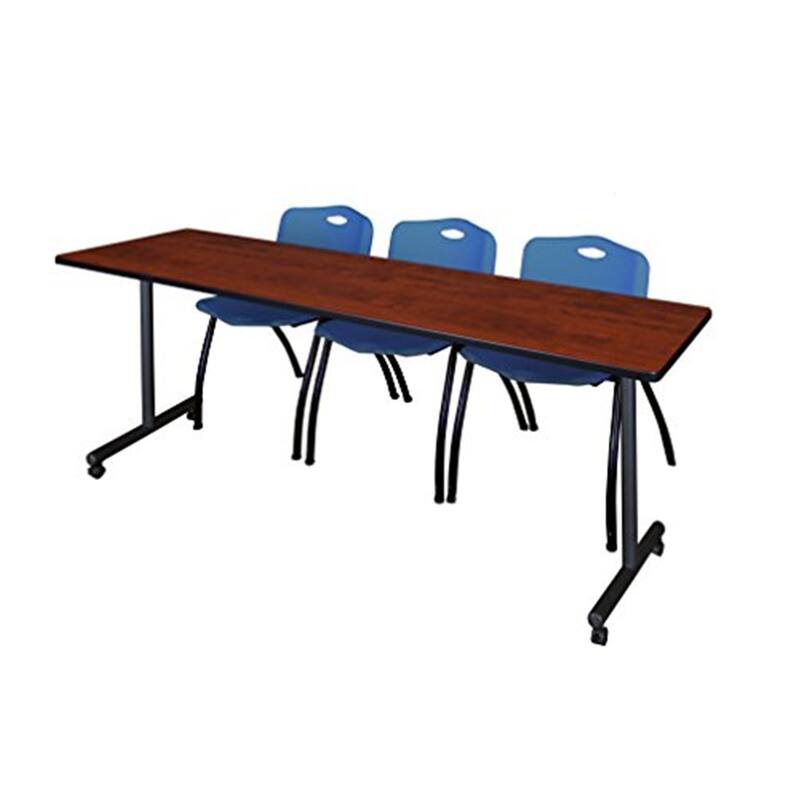 84" x 24" Mobile Training Table- Cherry & 3 'M' Stack Chairs- Blue