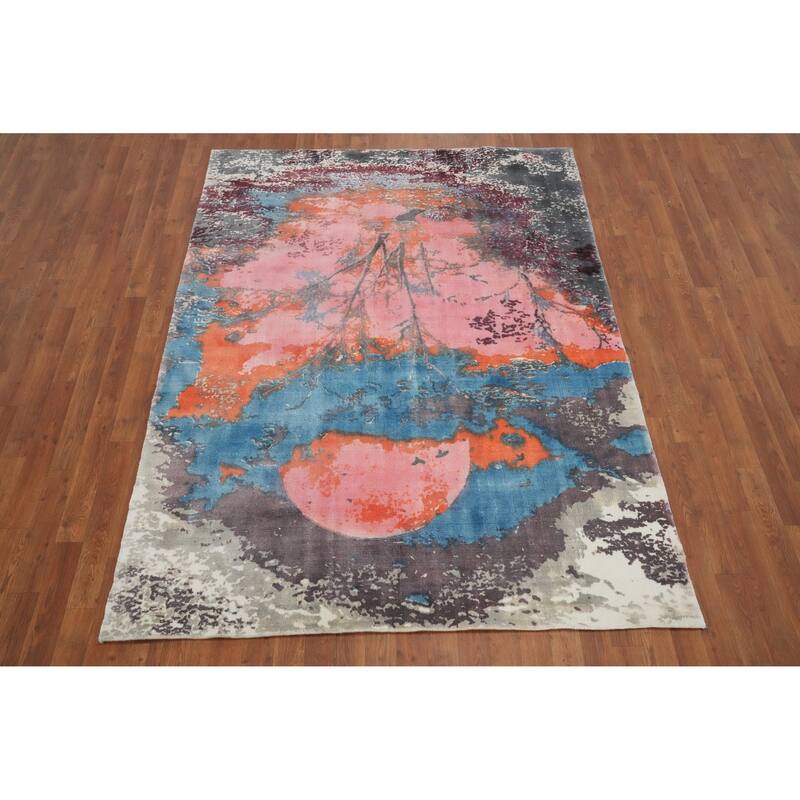 Hand Knotted Oriental Viscose Silk Carpet Modern Pictorial Multi-Colored Abstract Area Rug - 7' 2'' X 5' 4''