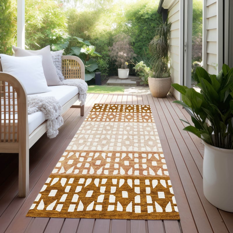 Machine Washable Indoor/ Outdoor Stripe Geo Chantille Rug - Paprika - 2'3" x 7'6"
