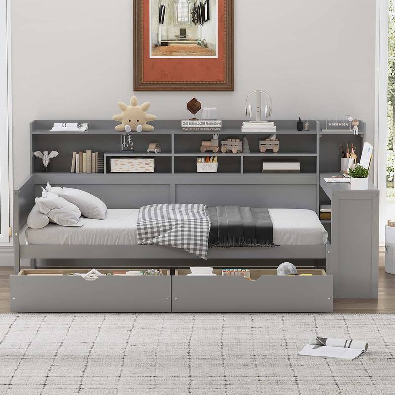Daybed with Smart Storage and Efficient Study Desk for Space Optimization - Gray-Twin Size