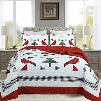 Christmas Quilt Set, Holiday Red Cardinals Mailbox Bedding Lightweight Bed Cover - 1 Quilt 2 Pillow Shams