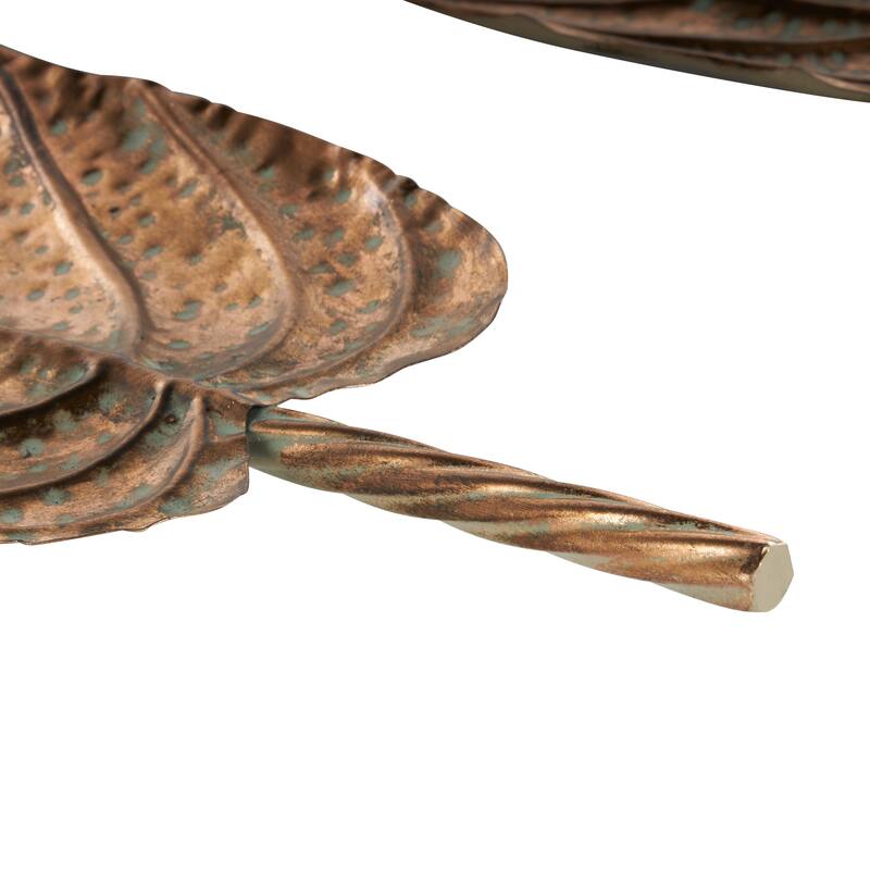 Copper Metal Textured Leaf Living Room Decor Tray with Patina Accents and Elevated Feet (Set of 2)