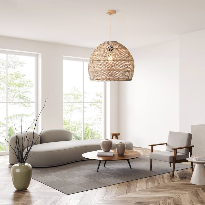 Santana Rattan Pendant Light - Natural Dome 1-Light Handwoven Light Fixture For Modern, Contemporary, Farmhouse Room Decor
