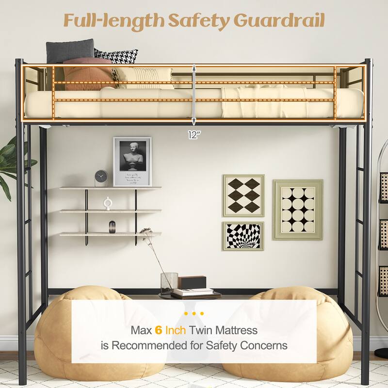 Gymax Metal Twin Loft Bed Space-saving Loft Bed Frame w/ Full-length