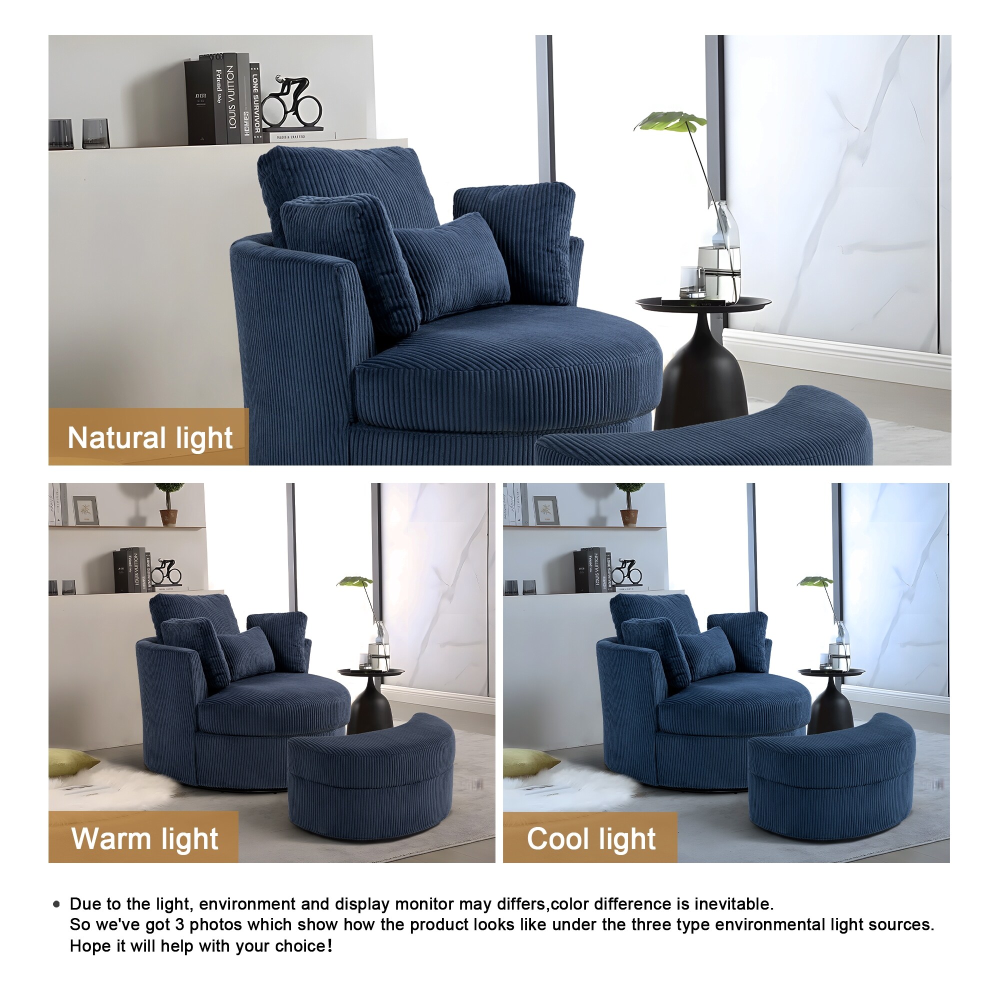 Chenille/Boucle Swivel Barrel Chair with Storage Ottoman