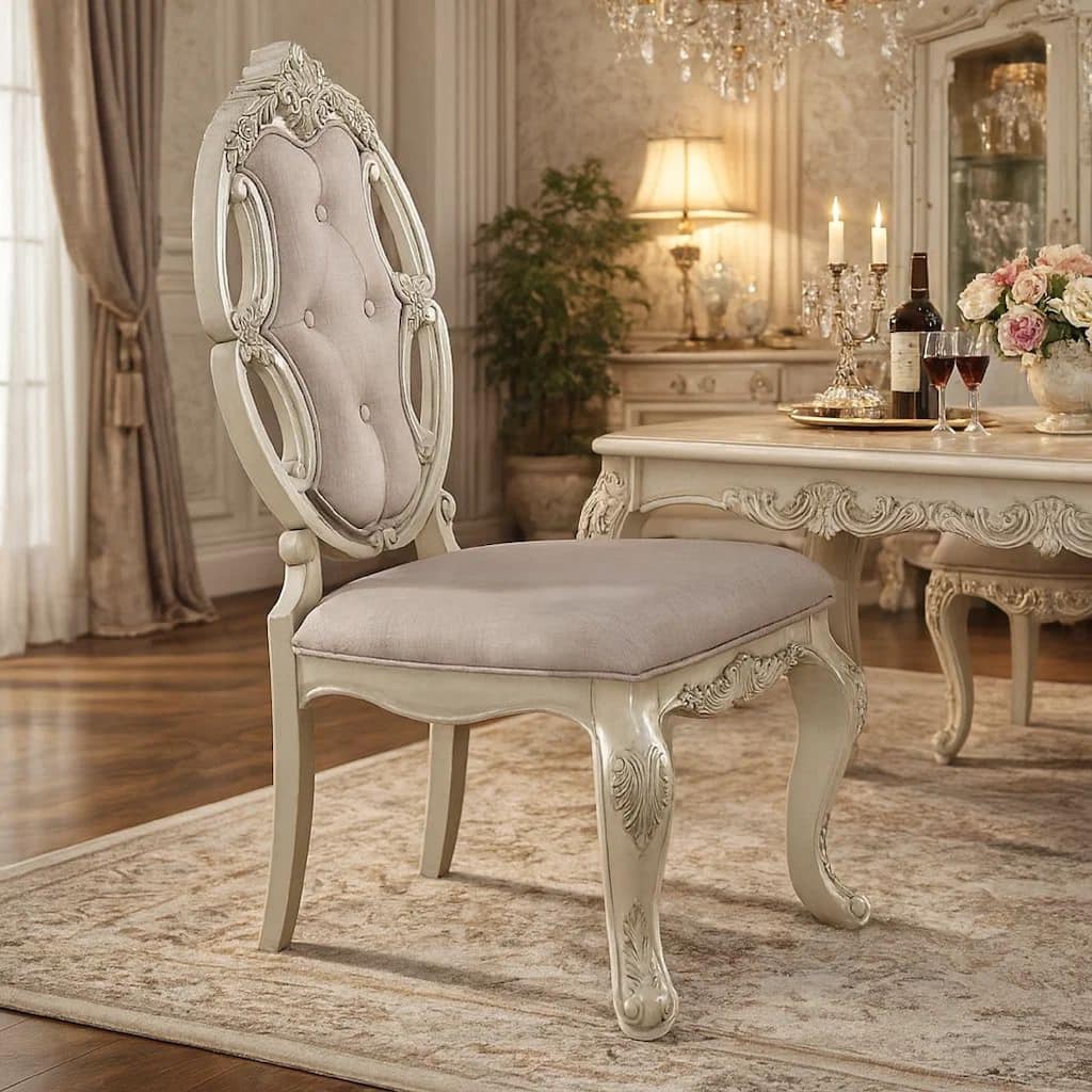 Fabric Upholstered Wooden Side Chair with Button Tufted Back, White, Set of Two