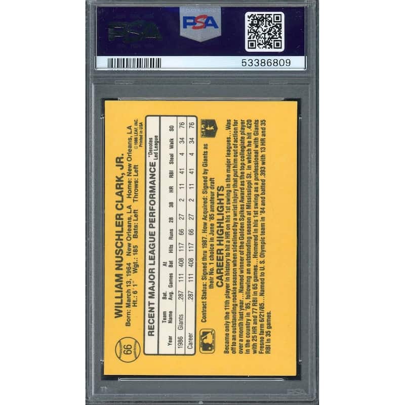 Will Clark 1987 Donruss Baseball Rookie Card RC #66 Graded PSA 10 - 8'6" x 11'6"
