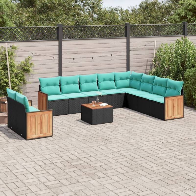 vidaXL 10 Piece Patio Sofa Set with Cushions Black Poly Rattan - 21.7x27.2x24.4-With table