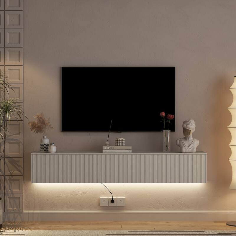 Modern Wall Mounted LED TV Stand with Power Outlet, , Floating Media Cabinet TV Console Entertainment Center for 65" TV - White